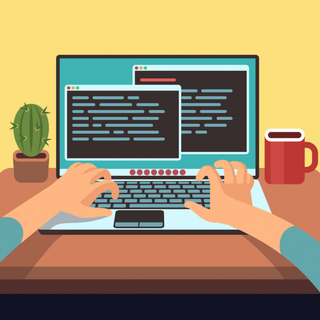 Person programmer working on pc laptop with program code on screen. Coding and programming vector concept