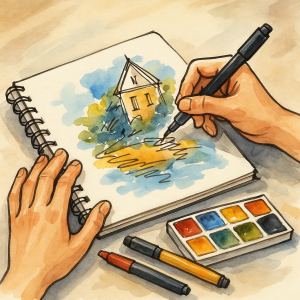 persona dibujando con rotuladores y acuarela en un cuaderno de sketching