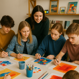Jovenes pintando en un curso de arte en Barcelona
